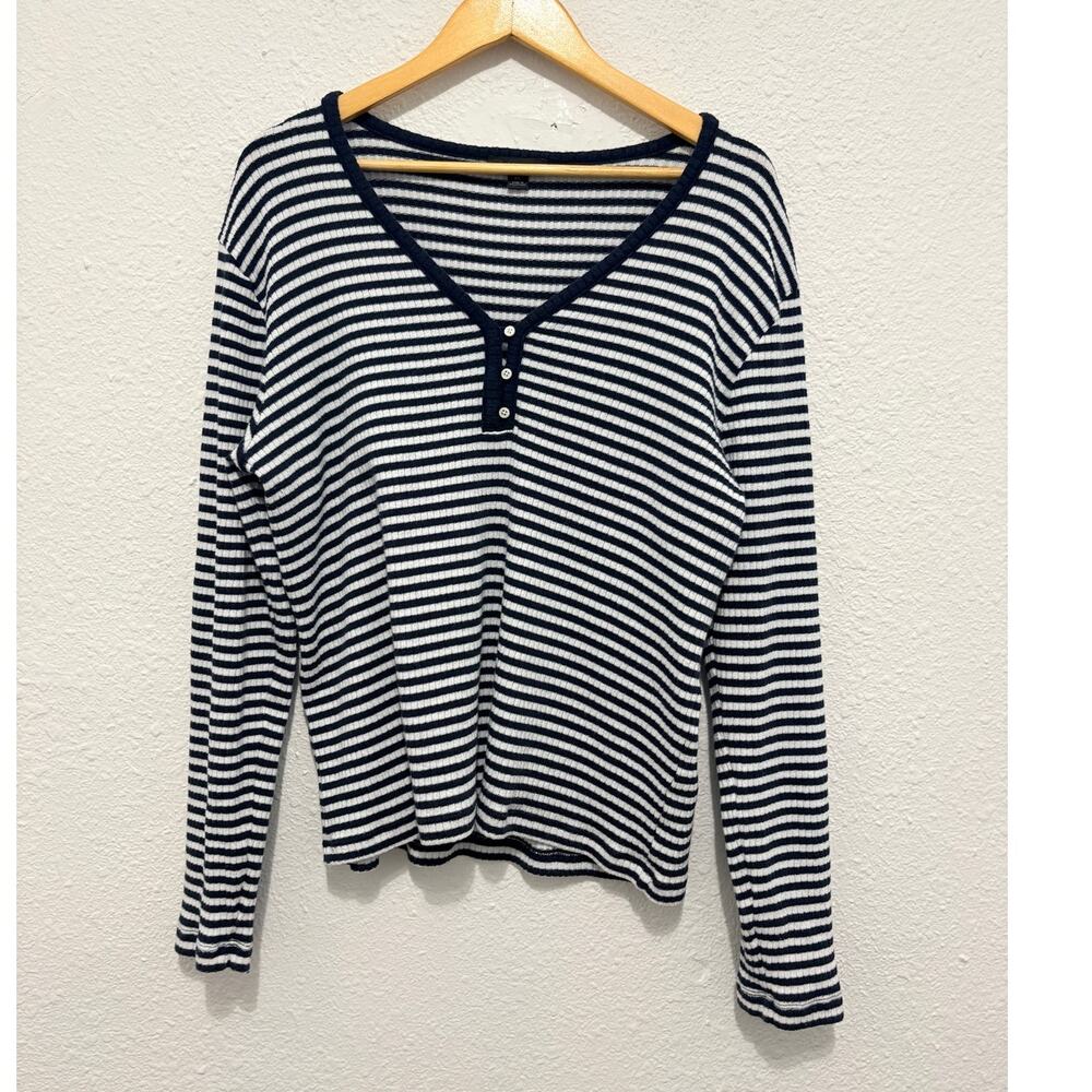 J. Crew Striped Henley Minimalist Coastal Summer Preppy Blue White